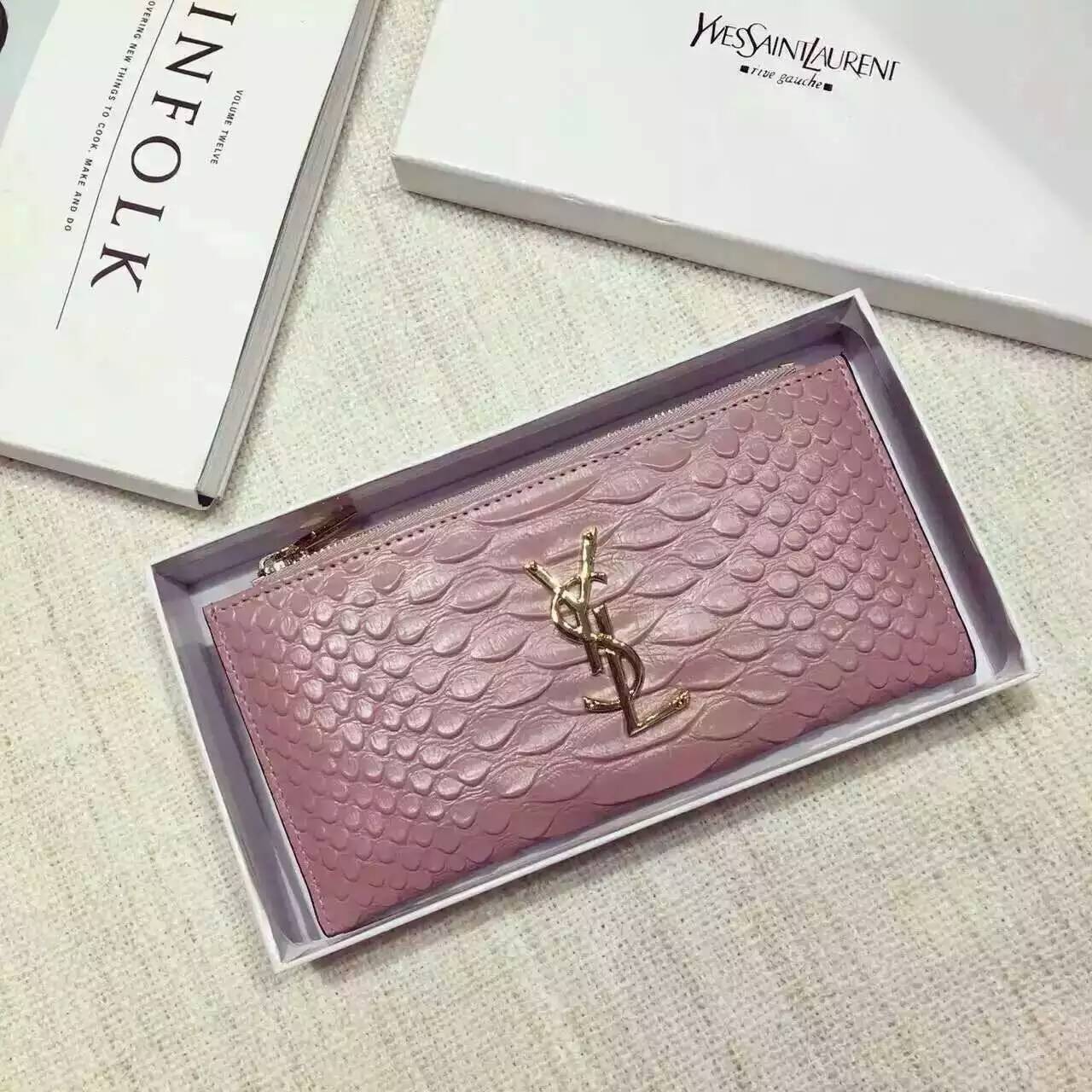 Limited Edition!2016 New Saint Laurent Small Leather Goods Cheap Sale-Saint Laurent Zippy Wallet in Pink Python Embossed Leather