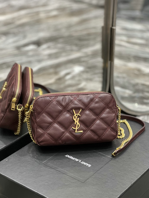 2023 CHEAP Saint Laurent Becky Double-zip Pouch in burgundy quilted lambskin