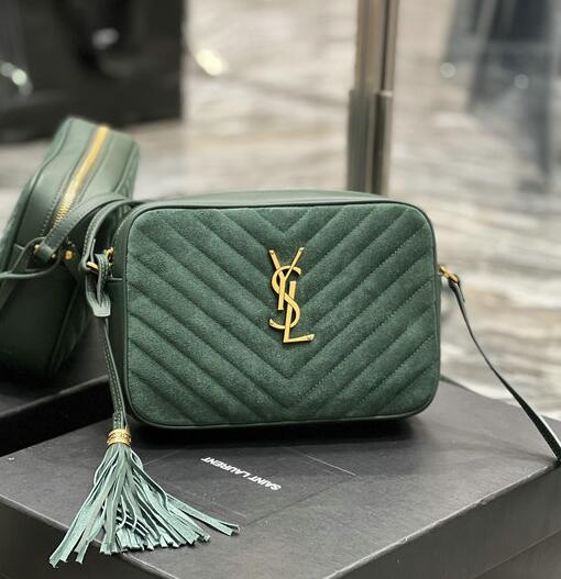 2023 cheap Saint Laurent Lou Camera Bag in green suede and smooth leather