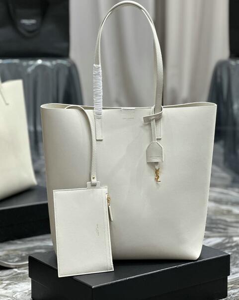 2023 Saint Laurent N/S Shopping Tote Bag in Vintage White Leather