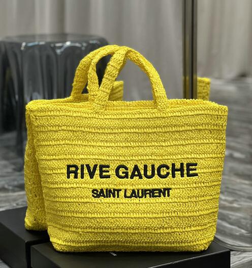 2023 Saint Laurent Rive Gauche Supple Tote Bag in yellow raffia crochet