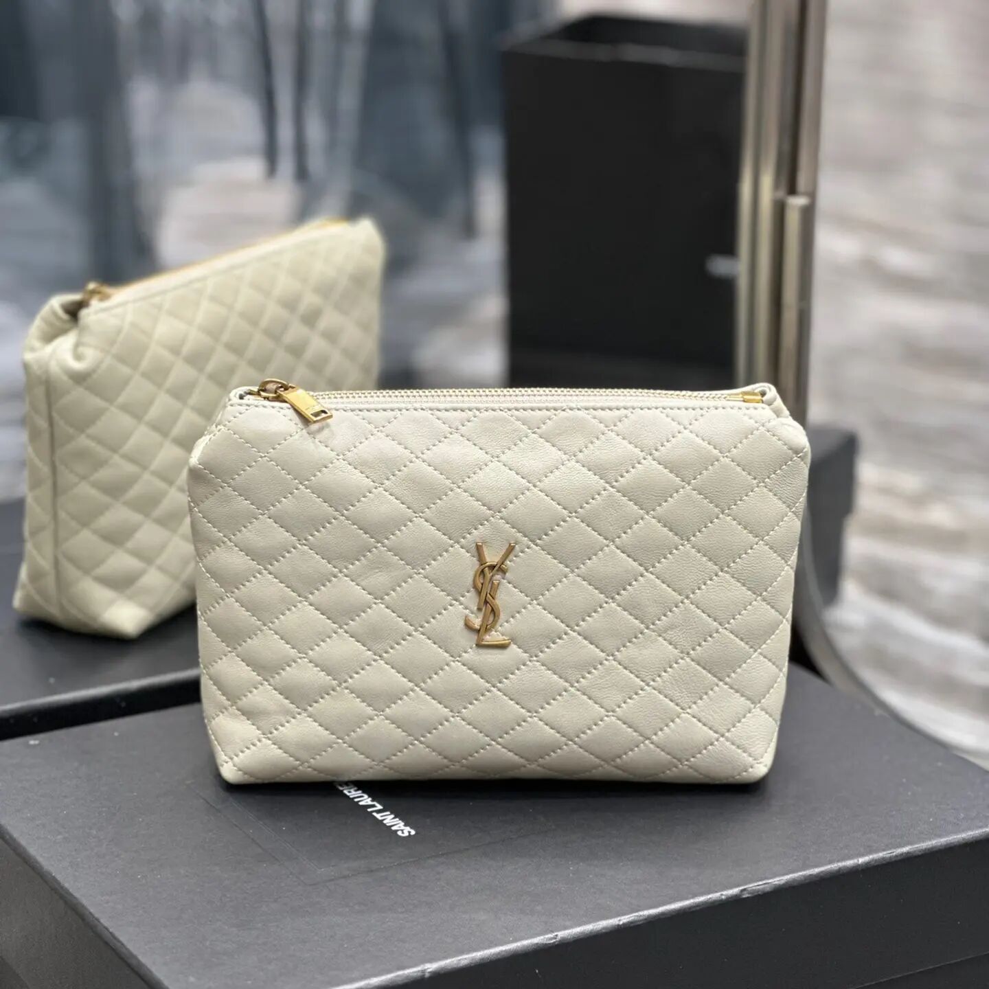 2023 cheap YSL gaby cosmetic pouch in quilted leather white