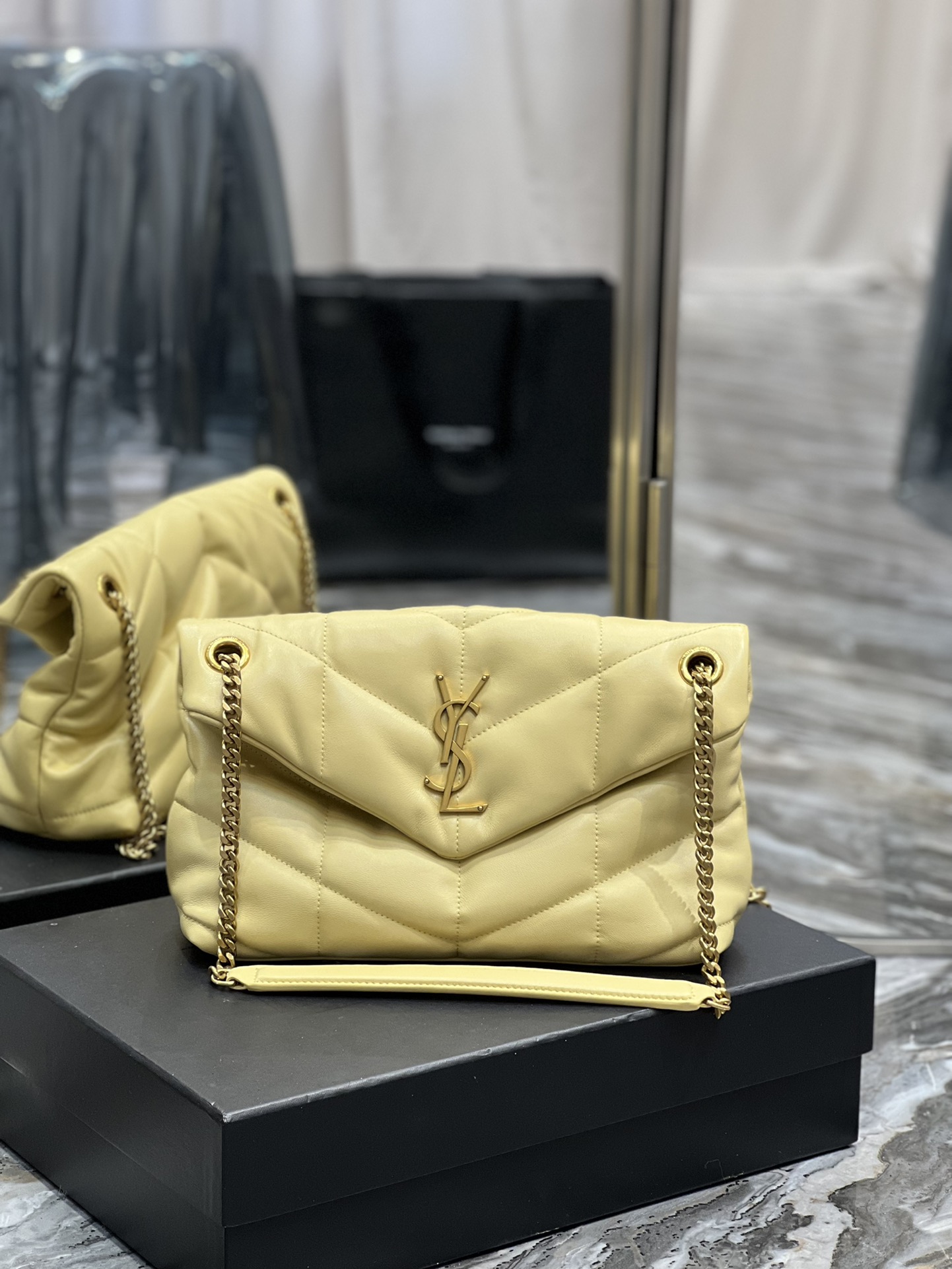 Saint Laurent Loulou Puffer Small Bag in quilted lambskin leather yellow