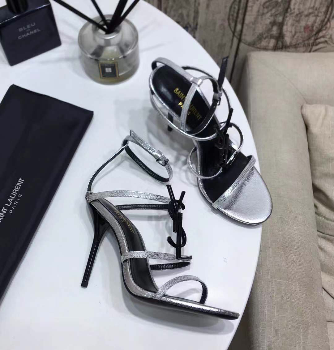 Saint Laurent Amber Leather Sandals with ankle strap silver