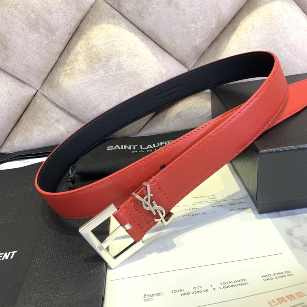 2021 Cheap Saint Laurent monogram belt with square buckle red
