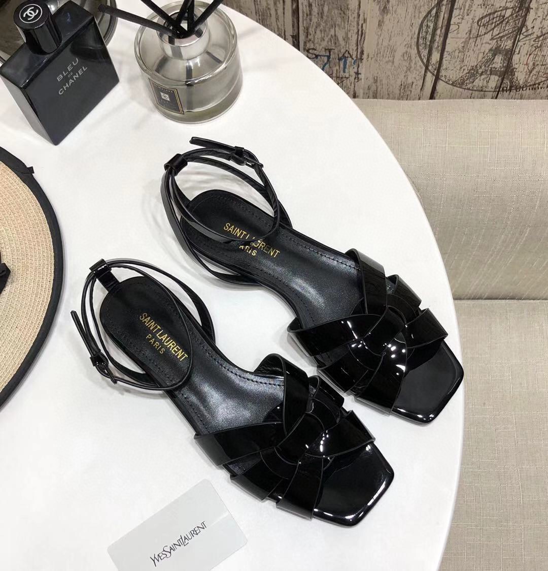 2021 Cheap Saint Laurent tribute flat sandals in patent leather black