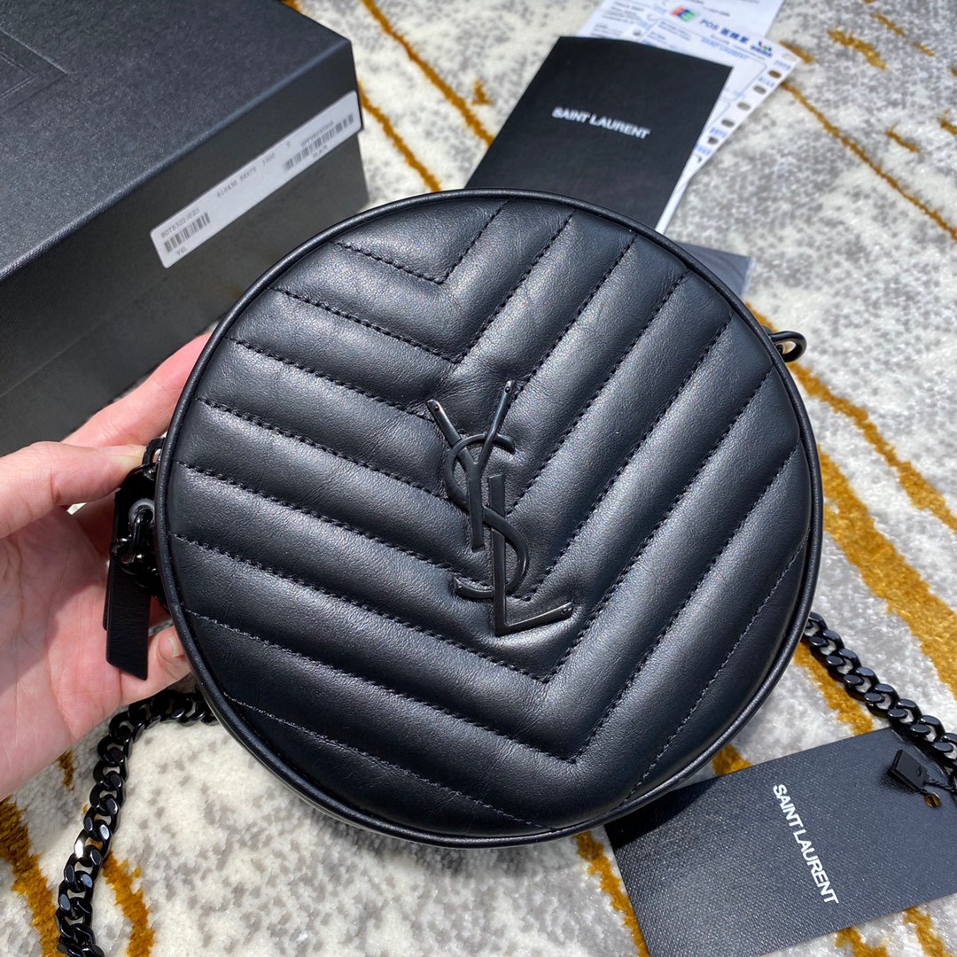 2021 Saint Laurent VINYLE Round Camera Bag in black chevron-quilted grain de poudre embossed leather