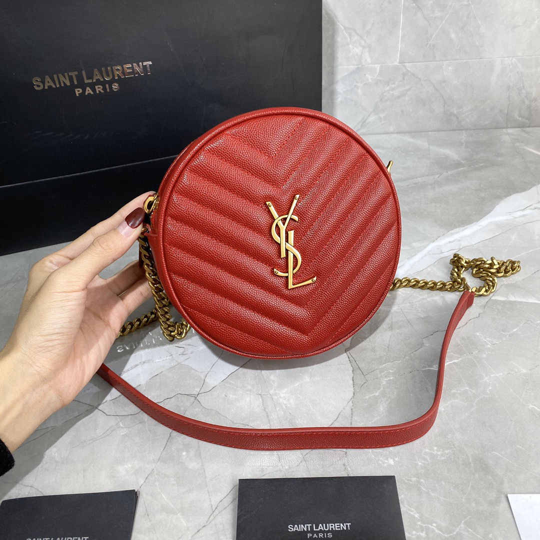 2021 Saint Laurent VINYLE Round Camera Bag in red chevron-quilted grain de poudre embossed leather