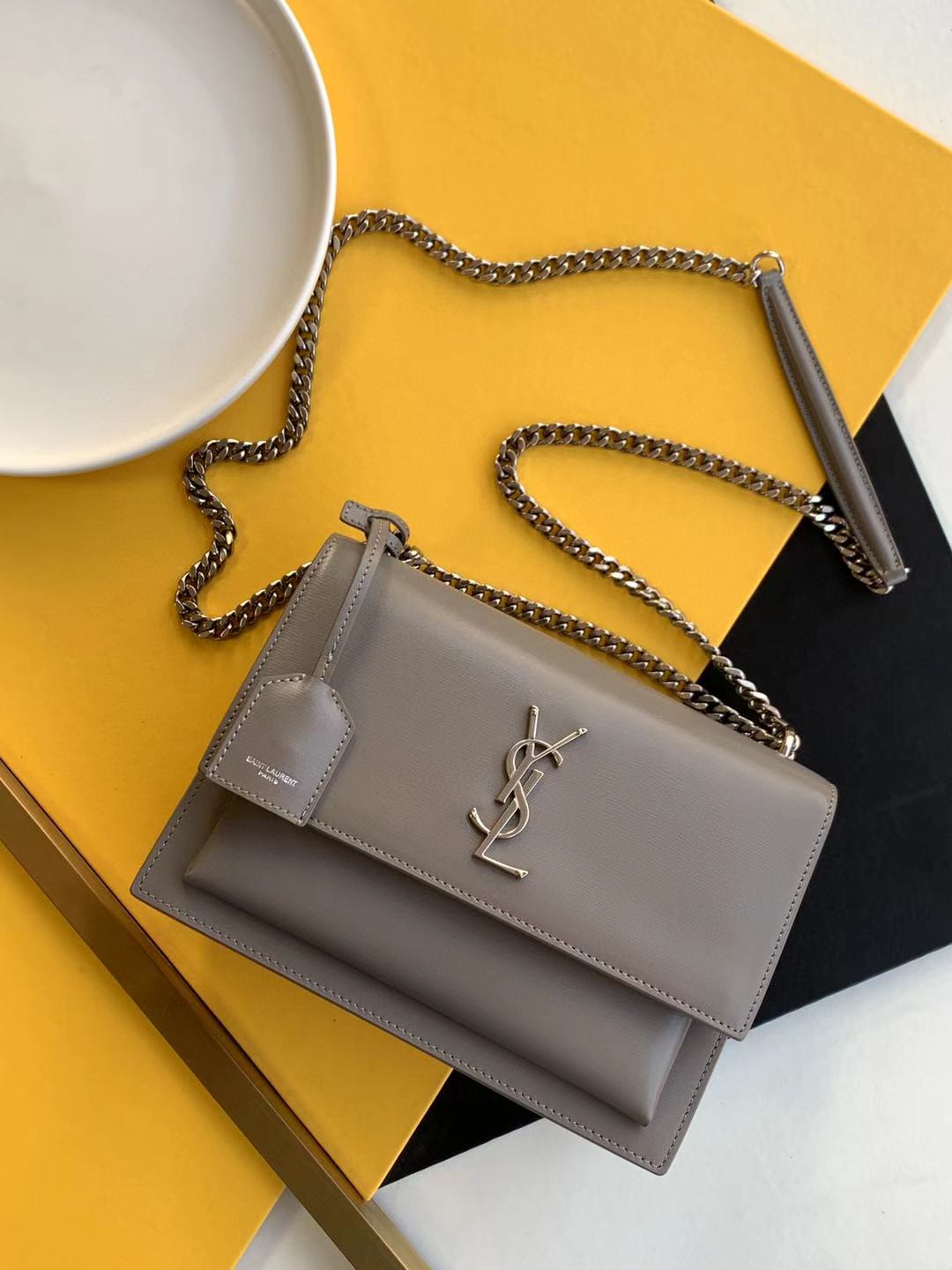 2021 cheap Saint Laurent Sunset bag in grey smooth leather