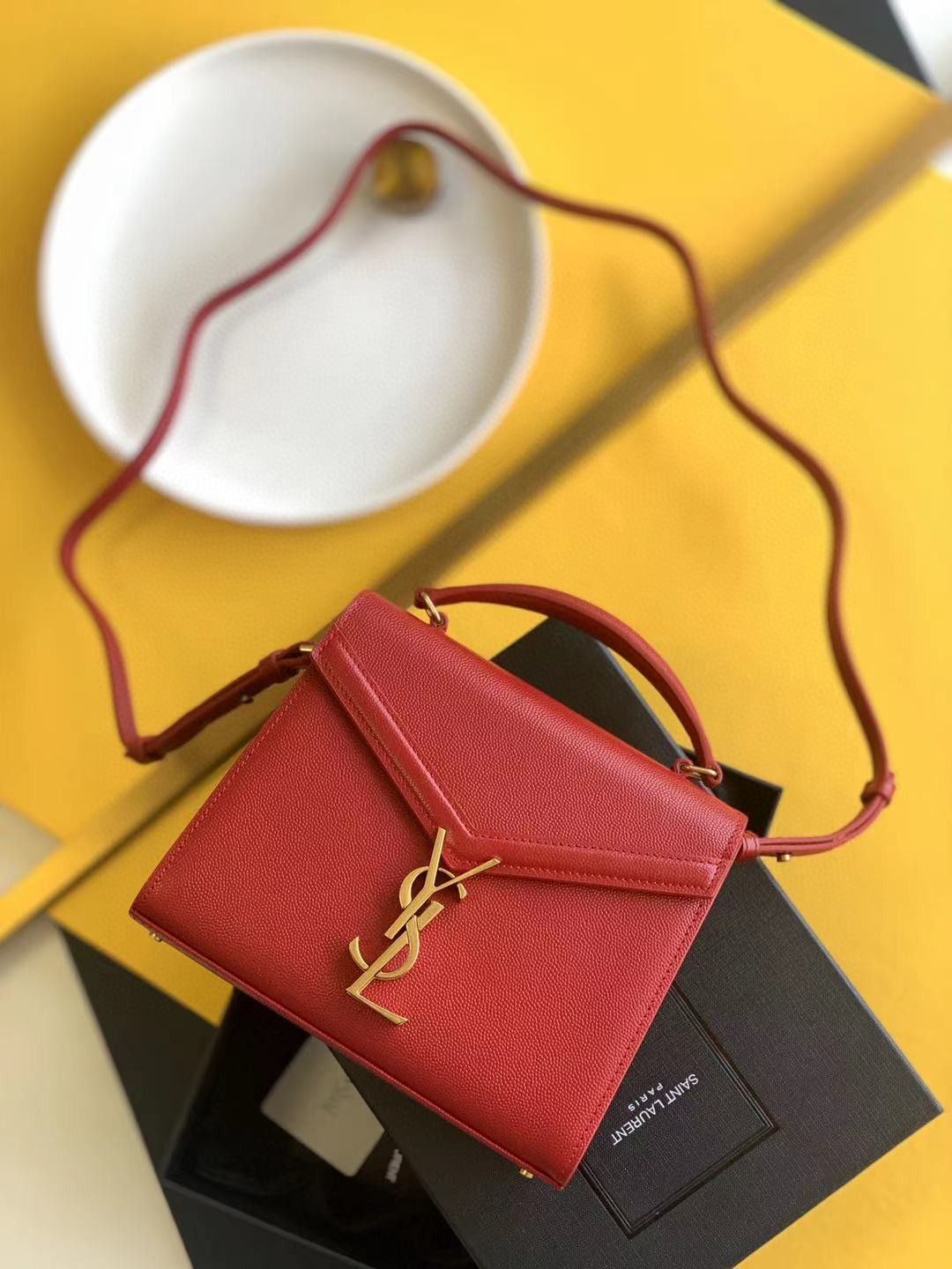 2021 cheap Saint Laurent cassandra mini top handle bag in grain de poudre embossed leather red