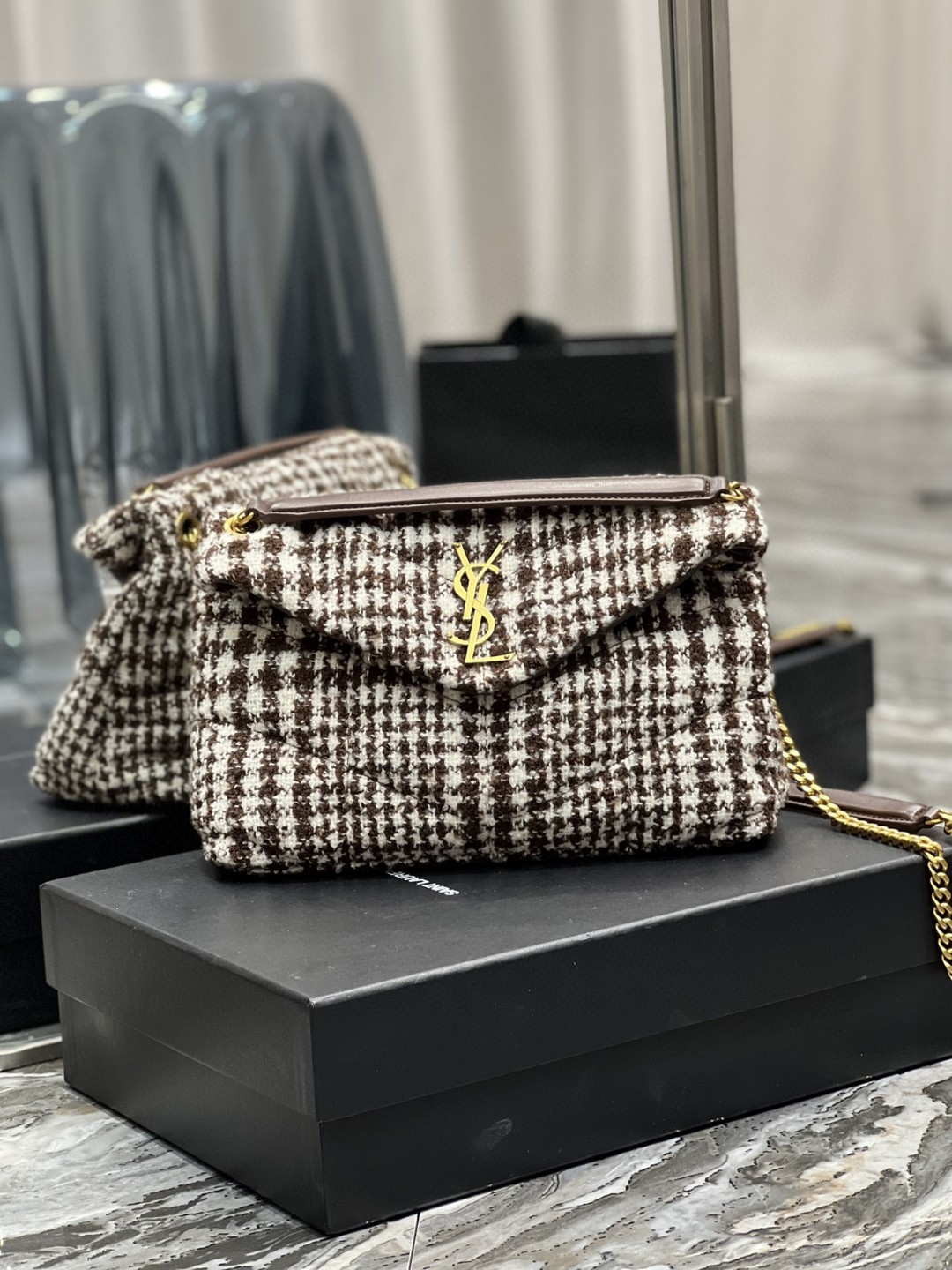 2021 cheap Saint Laurent puffer small bag in checked tweed and lambskin