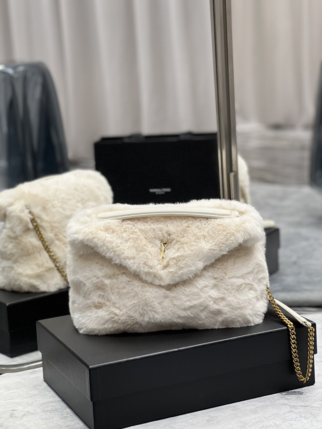 2021 cheap Saint Laurent puffer small bag in merino shearling and lambskin white