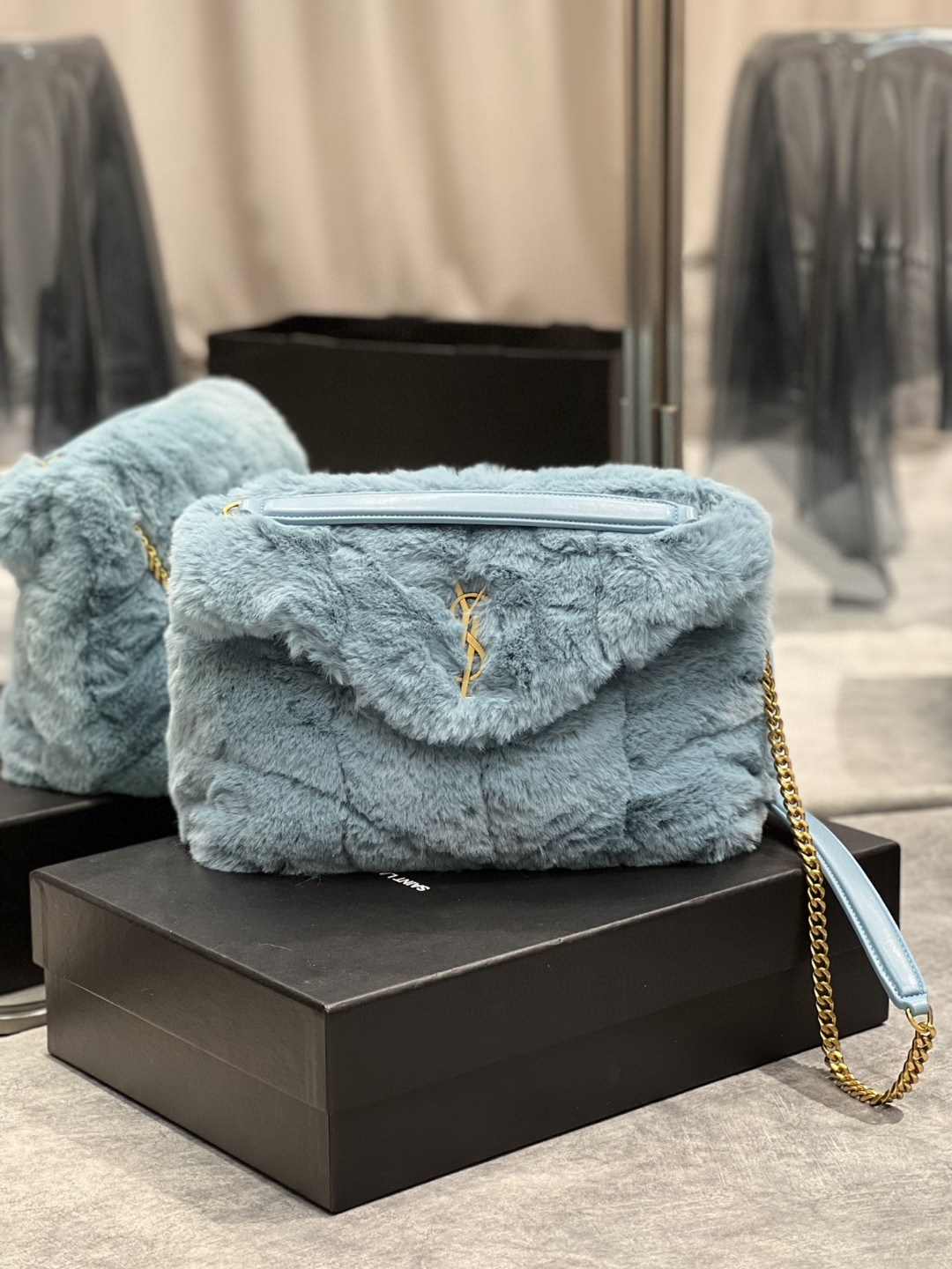 2021 cheap Saint Laurent puffer small bag in merino shearling and lambskin blue