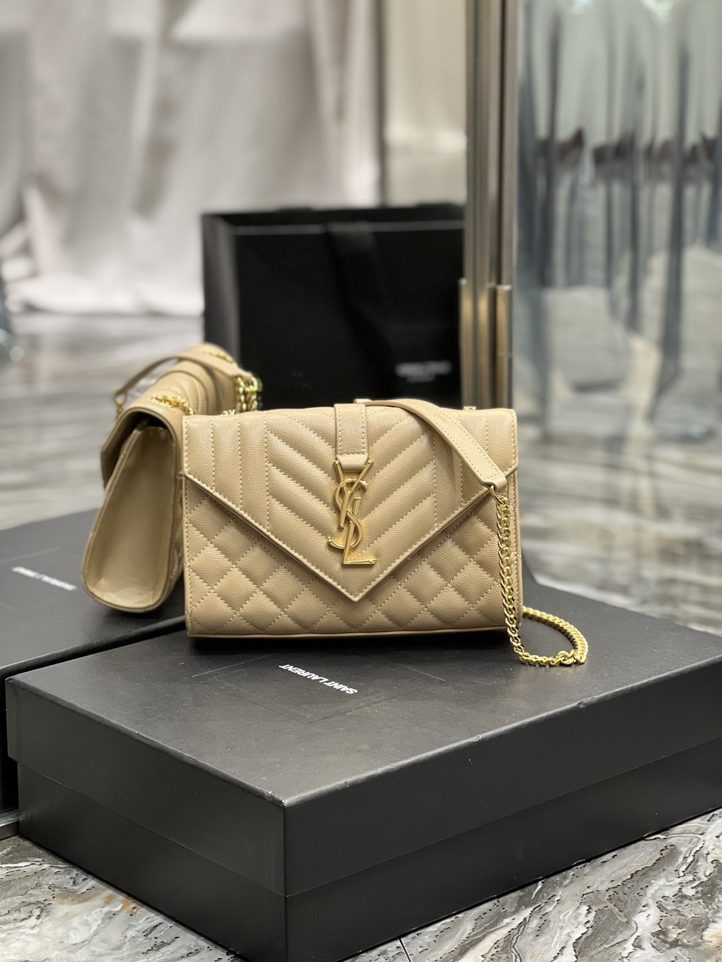 2022 cheap YSL envelope small chain bag in quilted grain de poudre embossed leather Apricot