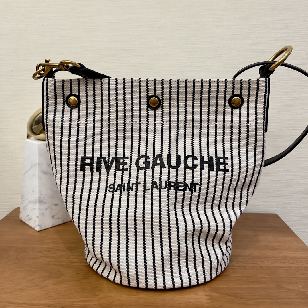 2022 YSL rive gauche bucket bag in striped canvas and leather