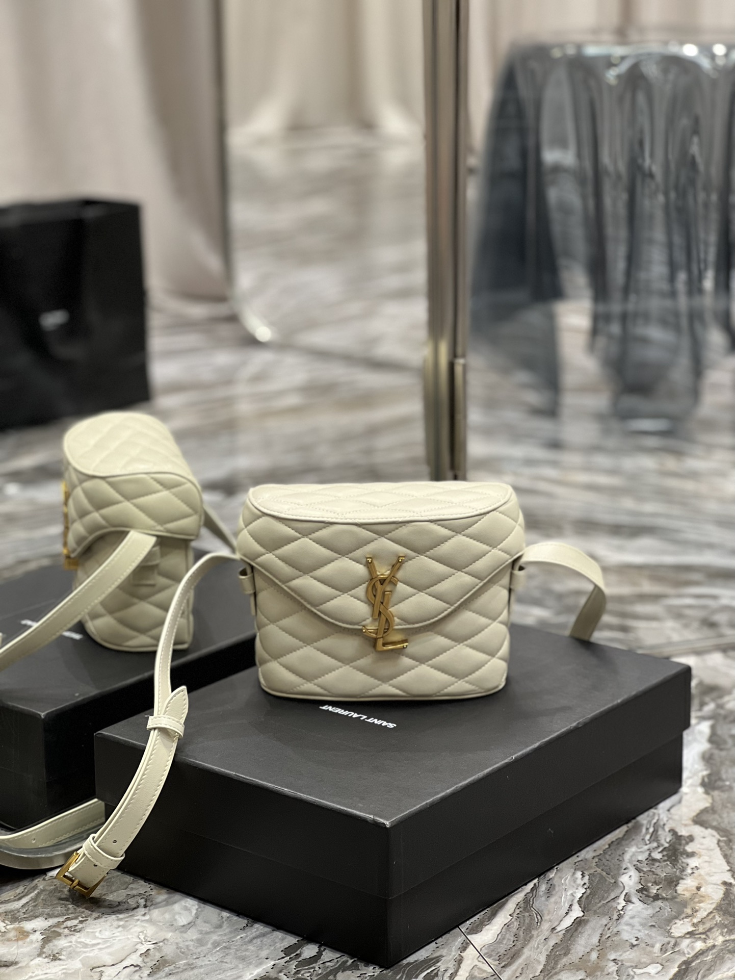 2022 cheap Saint Laurent june box bag in quilted lambskin white