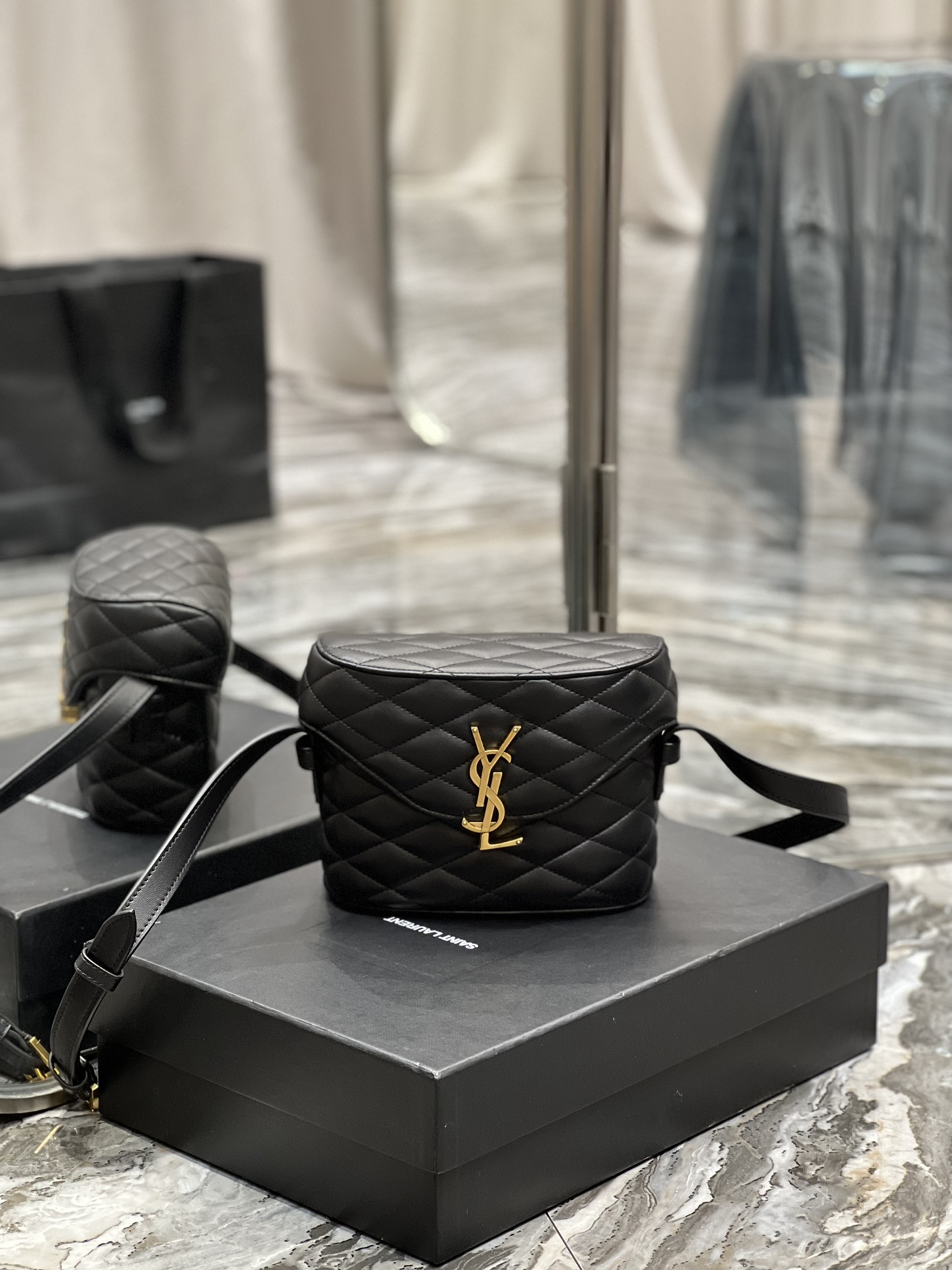 2022 cheap Saint Laurent june box bag in quilted lambskin black