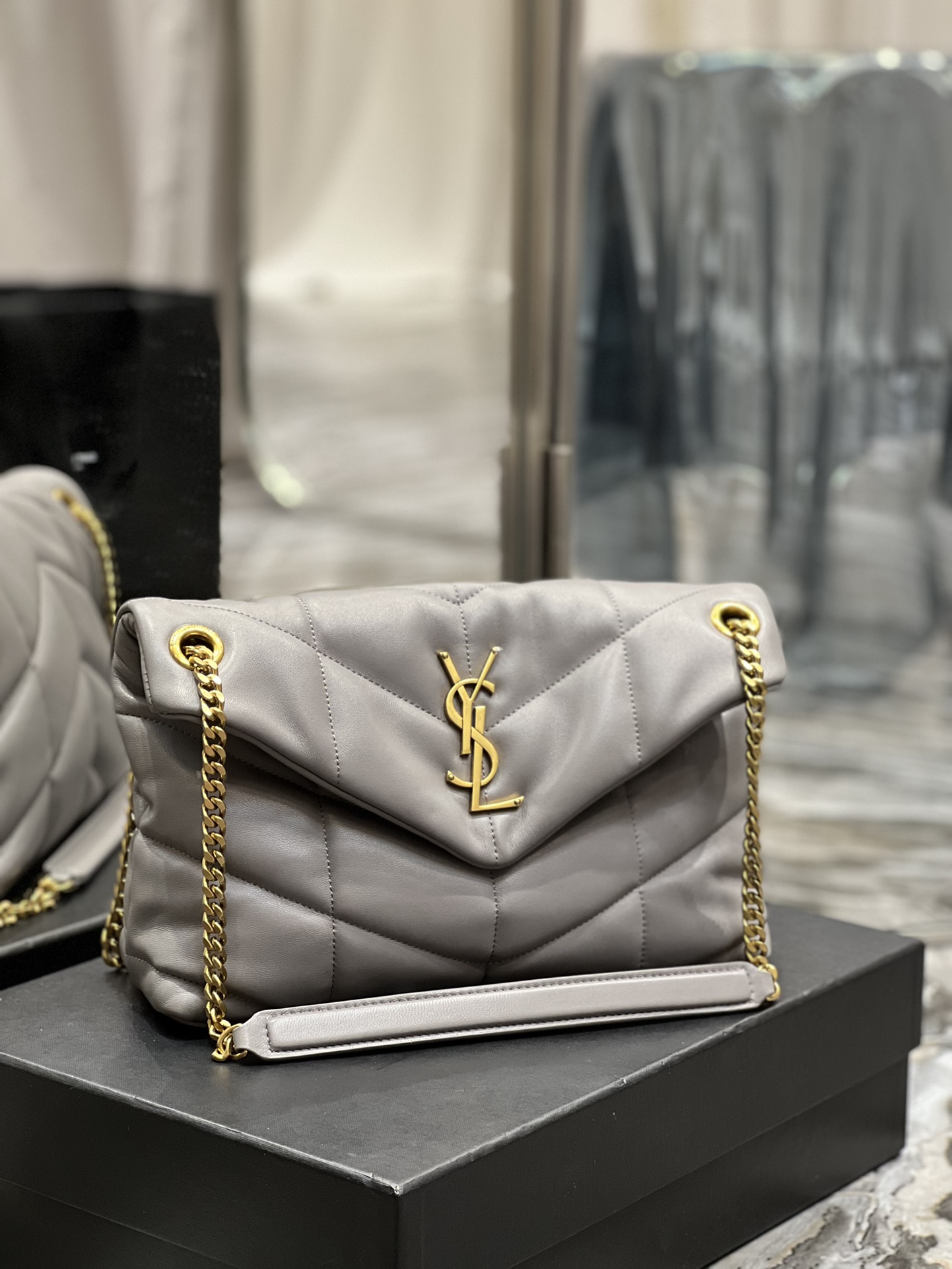 Saint Laurent Loulou Puffer Small Bag in quilted lambskin leather grey
