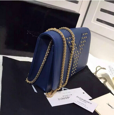 F/W 2015 New Saint Laurent Bag Cheap Sale-Saint Laurent Navy Blue Chain Clutch Wallet Bag with Studs detailing - Click Image to Close