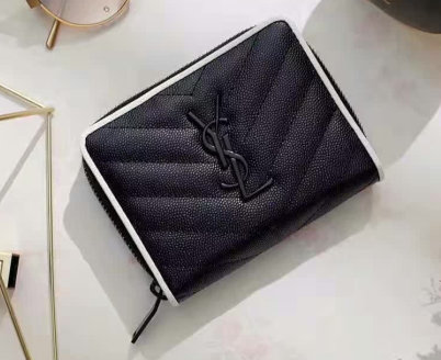 YSL 2016-2017 Collection-Saint Laurent Compact Zip Around Wallet in Black and Dove White Grain de Poudre Textured Matelasse Leather