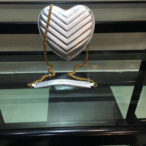 2016 Original Saint Laurent Small Love Heart Chain Bag in Silver Matelasse Leather - Click Image to Close