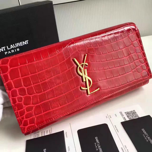 2017 New Saint Laurent Bag Sale-YSL Classic Monogram Clutch in Red Embossed Crocodile Leather
