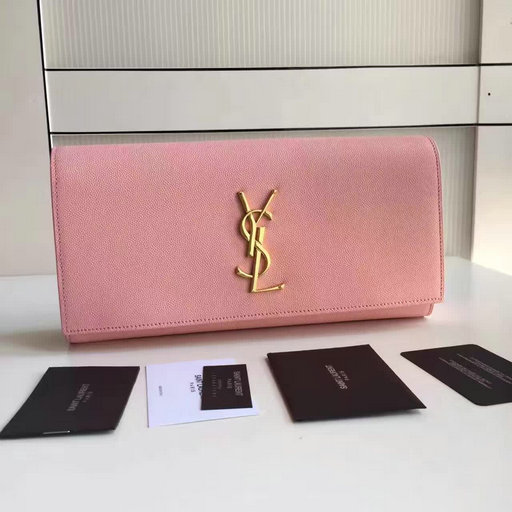 2017 New Saint Laurent Bag Sale-YSL Classic Monogram Clutch in Pink Grain de Poudre Textured Leather