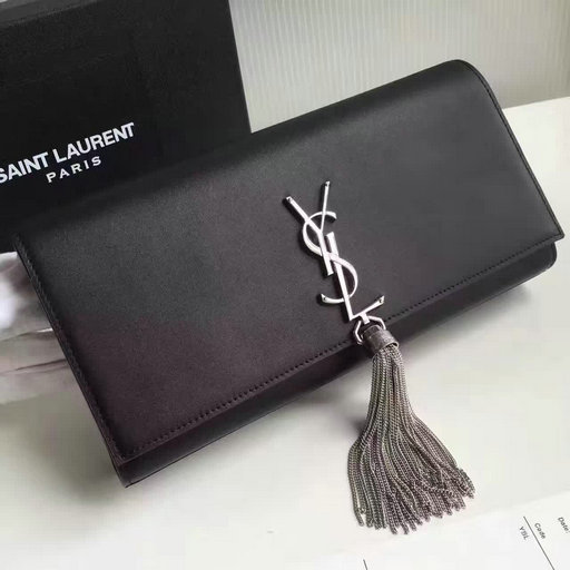 2017 New Saint Laurent Bag Sale-YSL Tassel Clutch in Black Calf Leather and Silver-Toned Metal
