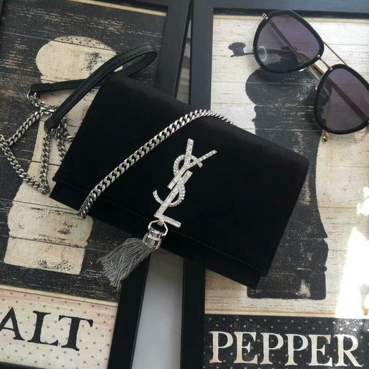 2017 F/W Saint Laurent Kate Chain and Tassel Wallet in Black Velvet and Crystals