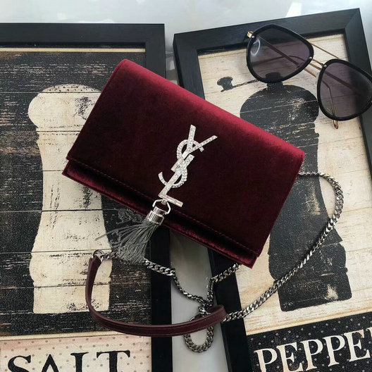 2017 F/W Saint Laurent Kate Chain and Tassel Wallet in Bordeaux Velvet and Crystals