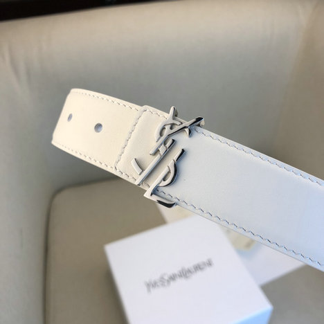 2018 Saint Laurent Leather Belt White with Deconstructed YSL Logo - Click Image to Close