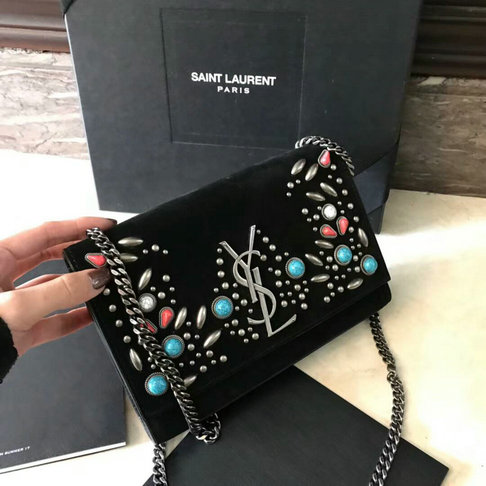 Saint Laurent Monogram Kate Berber Chain Bag in Black Suede with Multicolored Beads - Click Image to Close