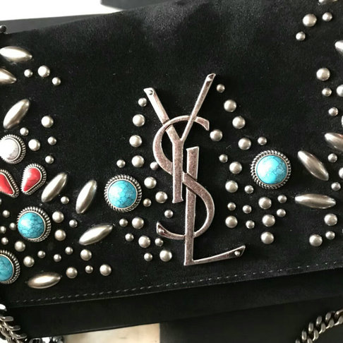 Saint Laurent Monogram Kate Berber Chain Bag in Black Suede with Multicolored Beads - Click Image to Close