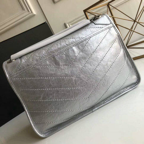 2018 S/S Saint Laurent Medium Niki Chain Bag in vintage crinkled and quilted silver leather - Click Image to Close