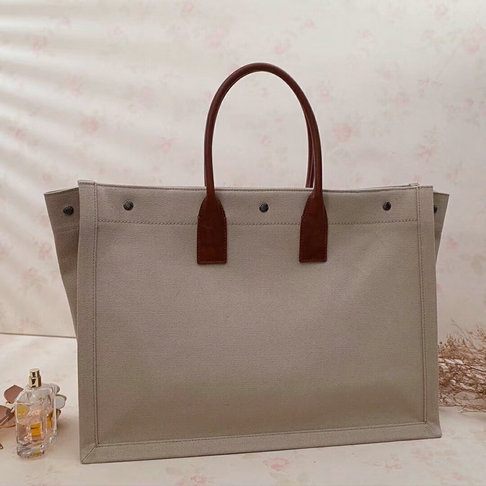 2018 S/S Saint Laurent Rive Gauche Tote Bag in Beige Linen and Brown Leather - Click Image to Close
