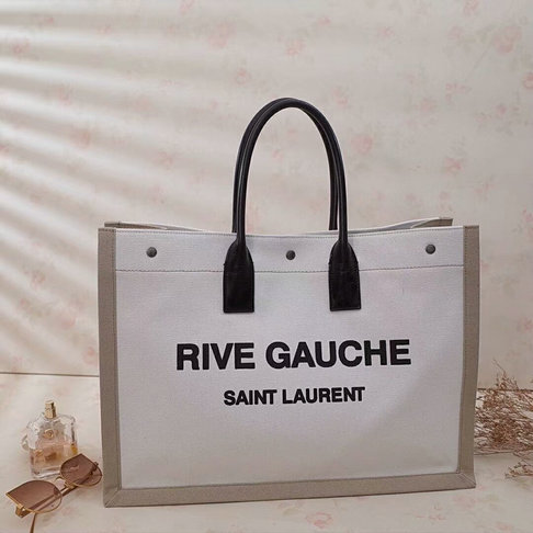 2018 S/S Saint Laurent Rive Gauche Tote Bag in Bicolor Linen and Black Leather - Click Image to Close