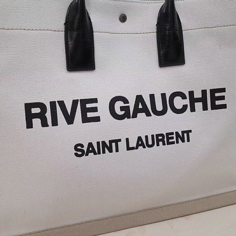 2018 S/S Saint Laurent Rive Gauche Tote Bag in Bicolor Linen and Black Leather - Click Image to Close