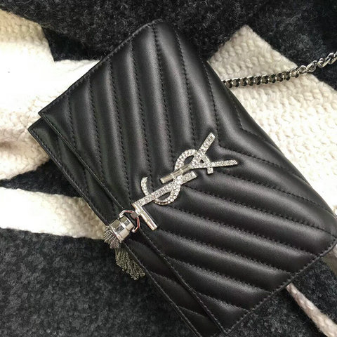 2018 Saint Laurent Chain and Tassel Wallet in Black Matelasse Leather - Click Image to Close