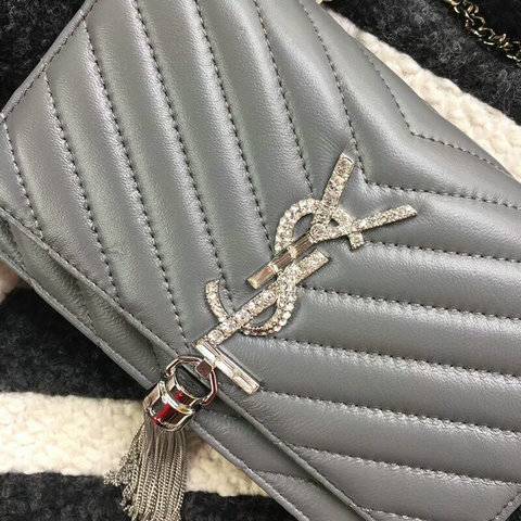 2018 Saint Laurent Chain and Tassel Wallet in Grey Matelasse Leather - Click Image to Close