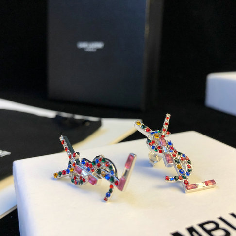 2018 Saint Laurent Logo Earrings with multicolor crystals