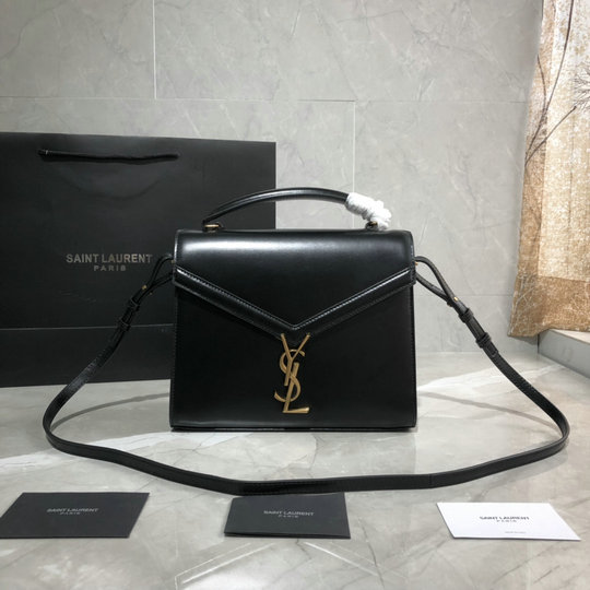 2020 Saint Laurent Cassandra Medium Top-handle Bag in Black Calf Leather