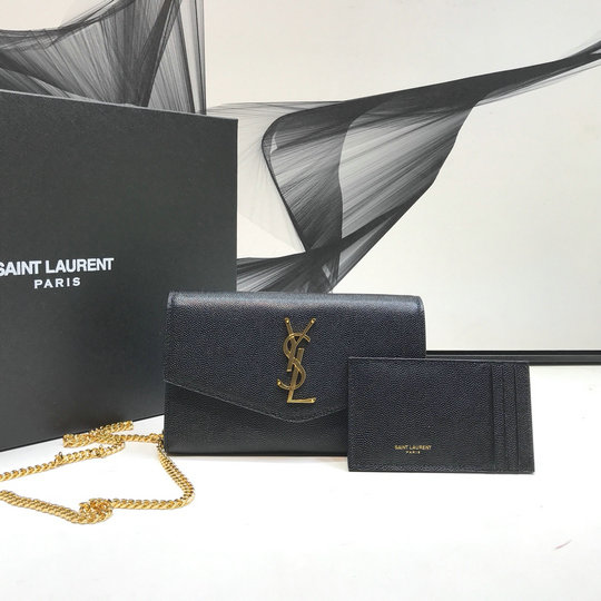 2019 Saint Laurent UPTOWN chain wallet in black grain de poudre embossed leather