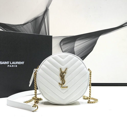 2019 Saint Laurent VINYLE Round Camera Bag in blanc vintage chevron-quilted grain de poudre embossed leather