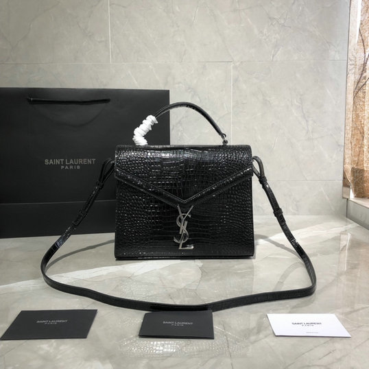 2020 Saint Laurent Cassandra Medium Top Handle Bag in black crocodile-embossed shiny leather