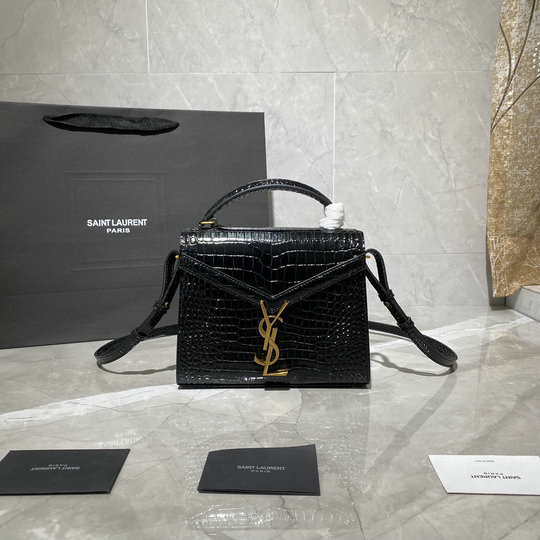 2020 Saint Laurent Cassandra Mini Top Handle Bag in black crocodile-embossed shiny leather