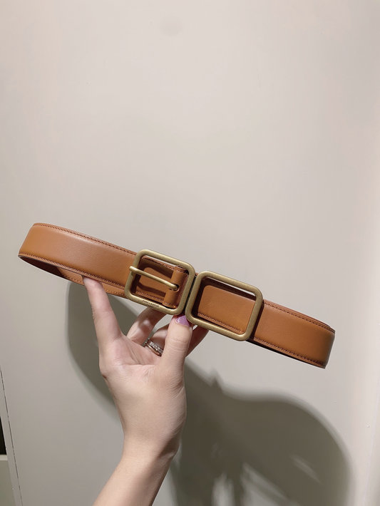 2023 cheap Saint Laurent Double Buckle Belt in Tan Smooth Leather