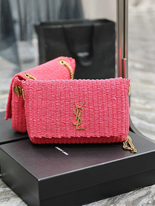 2023 cheap Saint Laurent Kate Medium Supple Chain Bag in Neon Pink Raffia