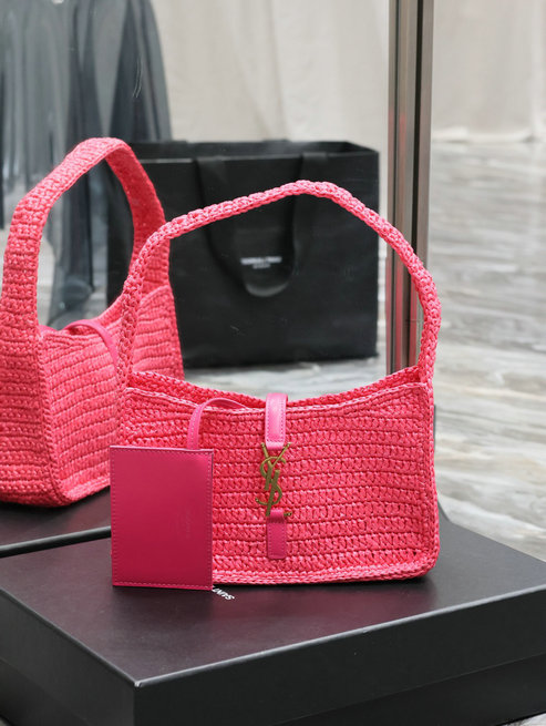 2023 cheap Saint Laurent Le 5 a 7 Hobo Bag in Raffia Neon Pink