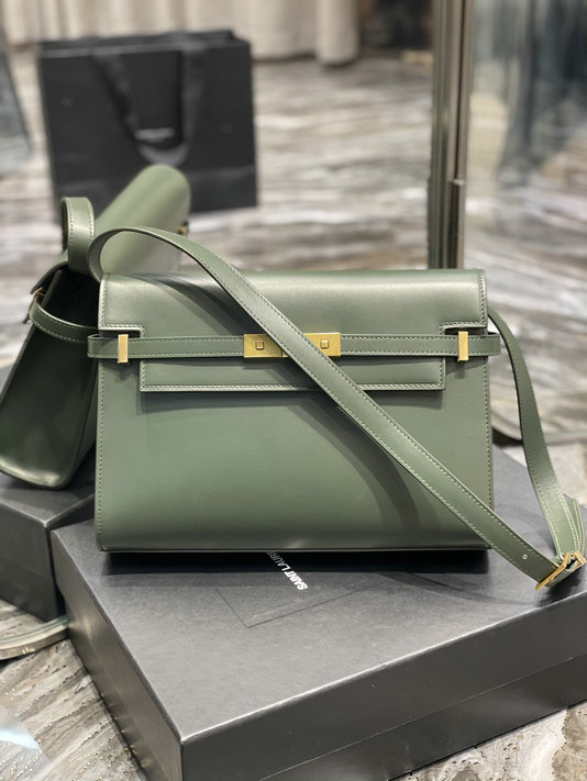 2023 cheap Saint Laurent Manhattan Shoulder Bag in Dark Green Leather