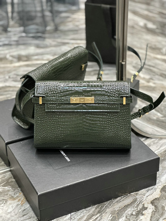 2023 Cheap Saint Laurent Manhattan Shoulder Bag in Dark Green Crocodile-embossed Leather